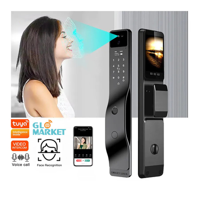 Localização inteligente de porta preta com reconhecimento facial e interfone ativo