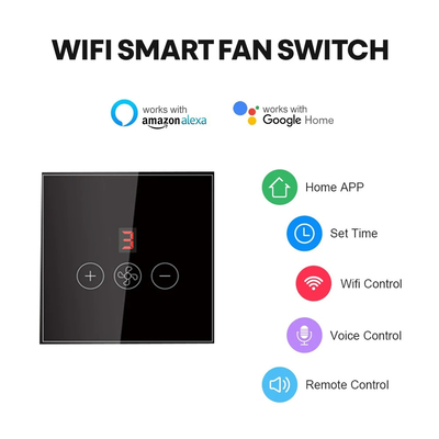 Glomarket Tuya Smart Wifi Switch de ventilador de teto Eu Standard Glass Touch Wall App Remote Control Switch de velocidade do ventilador elétrico