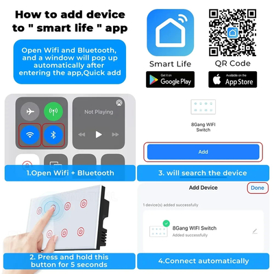 Glomarket Smart Home 8 Gang Wall Switch US Standard Tuya Voice APP Controle remoto sem fio Switch de luz de toque de parede