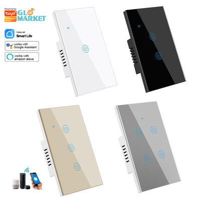 Glomarket Produtos de novo design Tuya Smart Wifi Wall Switch Us Painel de toque de vidro padrão Switch de luz Suporte de controle remoto de aplicativo